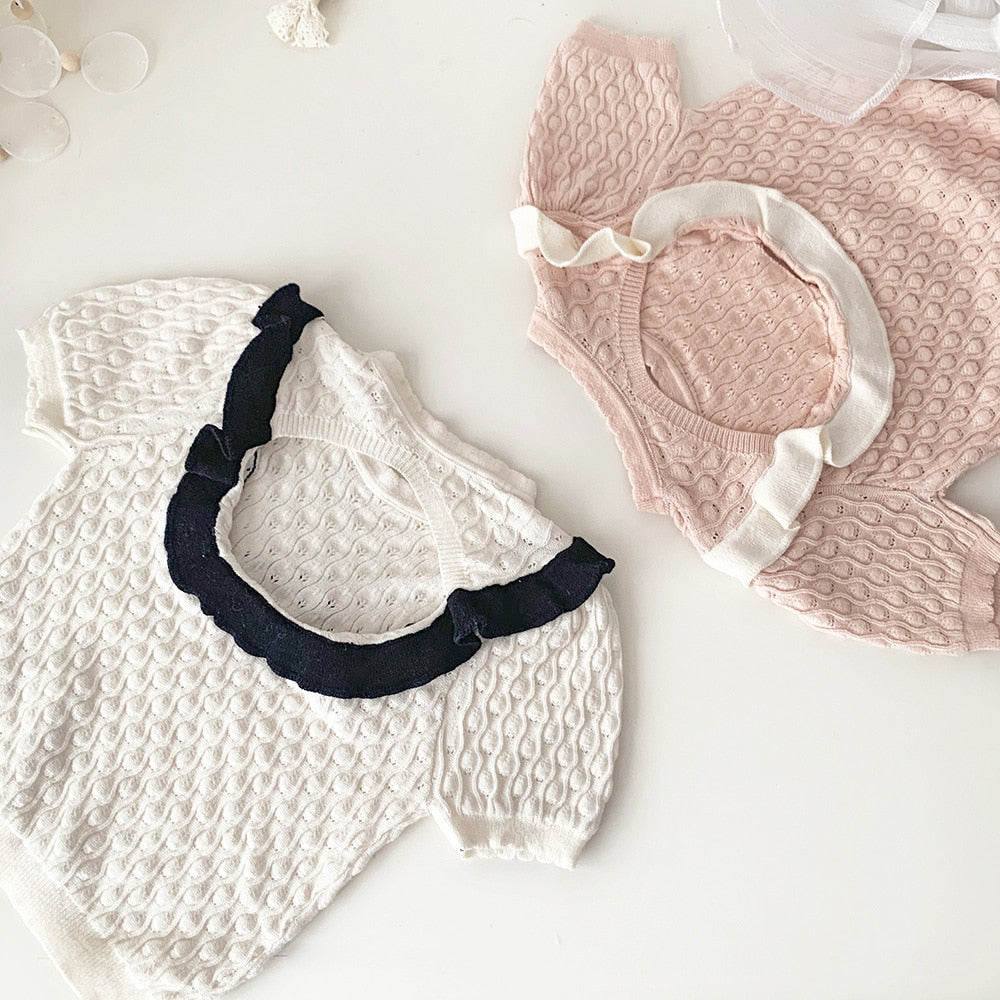 -キッズ ニット バックオープン 半袖 Tシャツ ブラウス カットソー ホワイト ピンク ガールズ - mamahalo shop - ニット・セーター -  べビー服 - 子供服 - 男の子 - 女の子