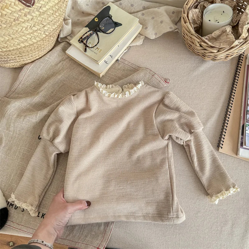 -キッズカットソー ニットTシャツ レースフリル 長袖パフスリーブ 裏フリース 2カラー ガールズ 女の子 子供服 - mamahalo shop - 長袖Tシャツ -  べビー服 - 子供服 - 男の子 - 女の子