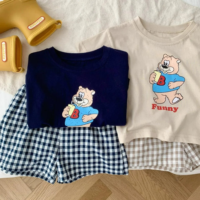 ☺︎ ベビーキッズセットアップ 2点セット 半袖プリントTシャツ+チェックショートパンツ ベアくまプリント 2カラー - mamahalo shop - 半袖セットアップ -  べビー服 - 子供服 - 男の子 - 女の子