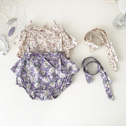 -ベビー フラワー 花柄 ラッフル フリル サスペンダー ブルマ パンツ アプリコットベージュ パープル ガールズ - mamahalo shop - ブルマパンツ -  べビー服 - 子供服 - 男の子 - 女の子