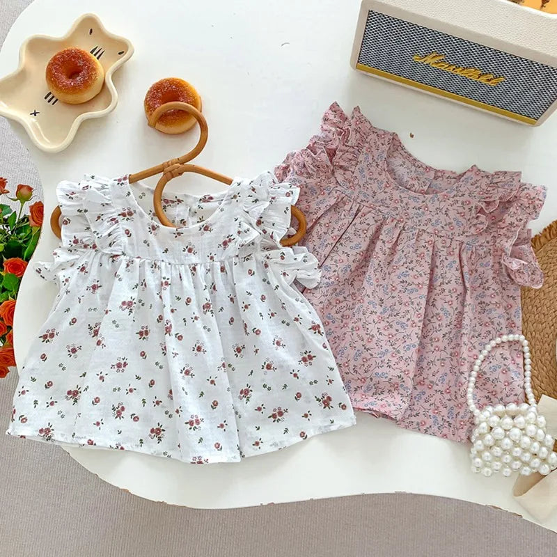 -ベビートップス バタフライスリーブ フリル ノースリーブチュニックブラウス フラワー花柄プリント 2カラー - mamahalo shop - タンクトップ・キャミソール・ノースリーブトップス -  べビー服 - 子供服 - 男の子 - 女の子