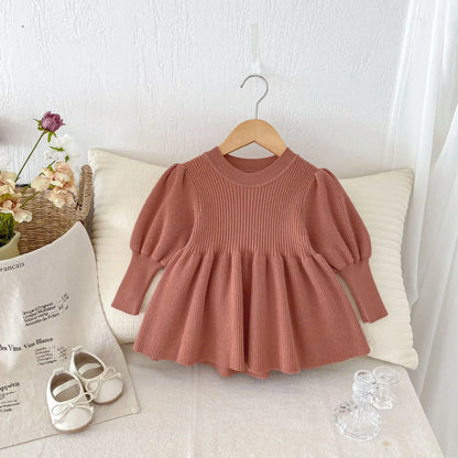 -ベビーキッズワンピース 長袖パフスリーブニットドレスミニワンピース 4カラー - mamahalo shop - 長袖ワンピース -  べビー服 - 子供服 - 男の子 - 女の子