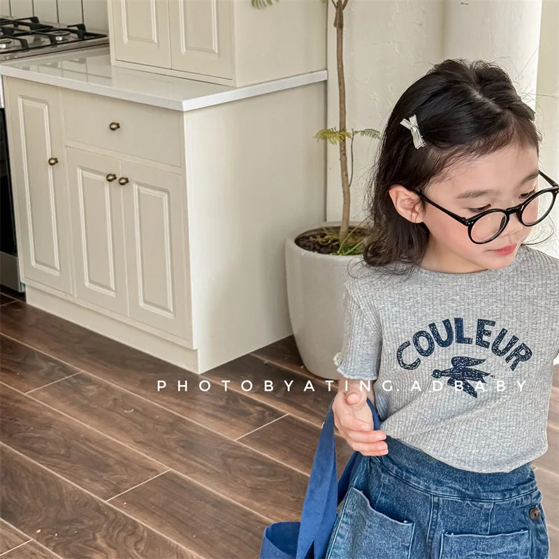 -キッズトップス 半袖リブTシャツ レターロゴプリント 3カラー - mamahalo shop - 半袖Tシャツ -  べビー服 - 子供服 - 男の子 - 女の子