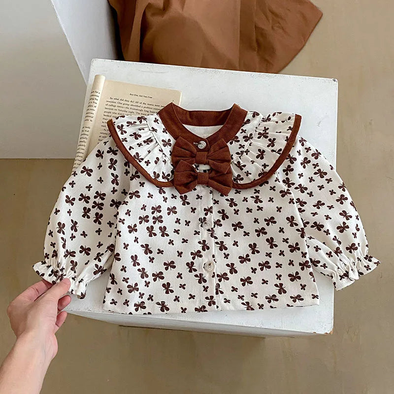 -ベビーセットアップ 2点セット 長袖ブラウス リボンロングパンツ ブラウン - mamahalo shop - 長袖セットアップ -  べビー服 - 子供服 - 男の子 - 女の子