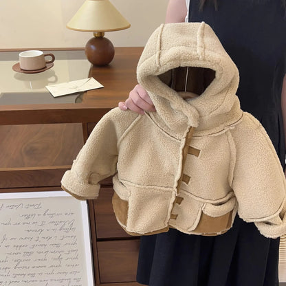 -キッズアウター リバーシブルボアフリースフーディフェイクムートンコート カーキ - mamahalo shop - ショートコート・ジャケット・ジャンパー -  べビー服 - 子供服 - 男の子 - 女の子