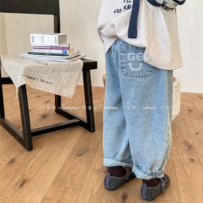 -キッズパンツ デニムパンツ ジーンズ パッチワークルーズパンツ ジーンズ ブルー/ブラック/2カラー - mamahalo shop - デニムパンツ -  べビー服 - 子供服 - 男の子 - 女の子