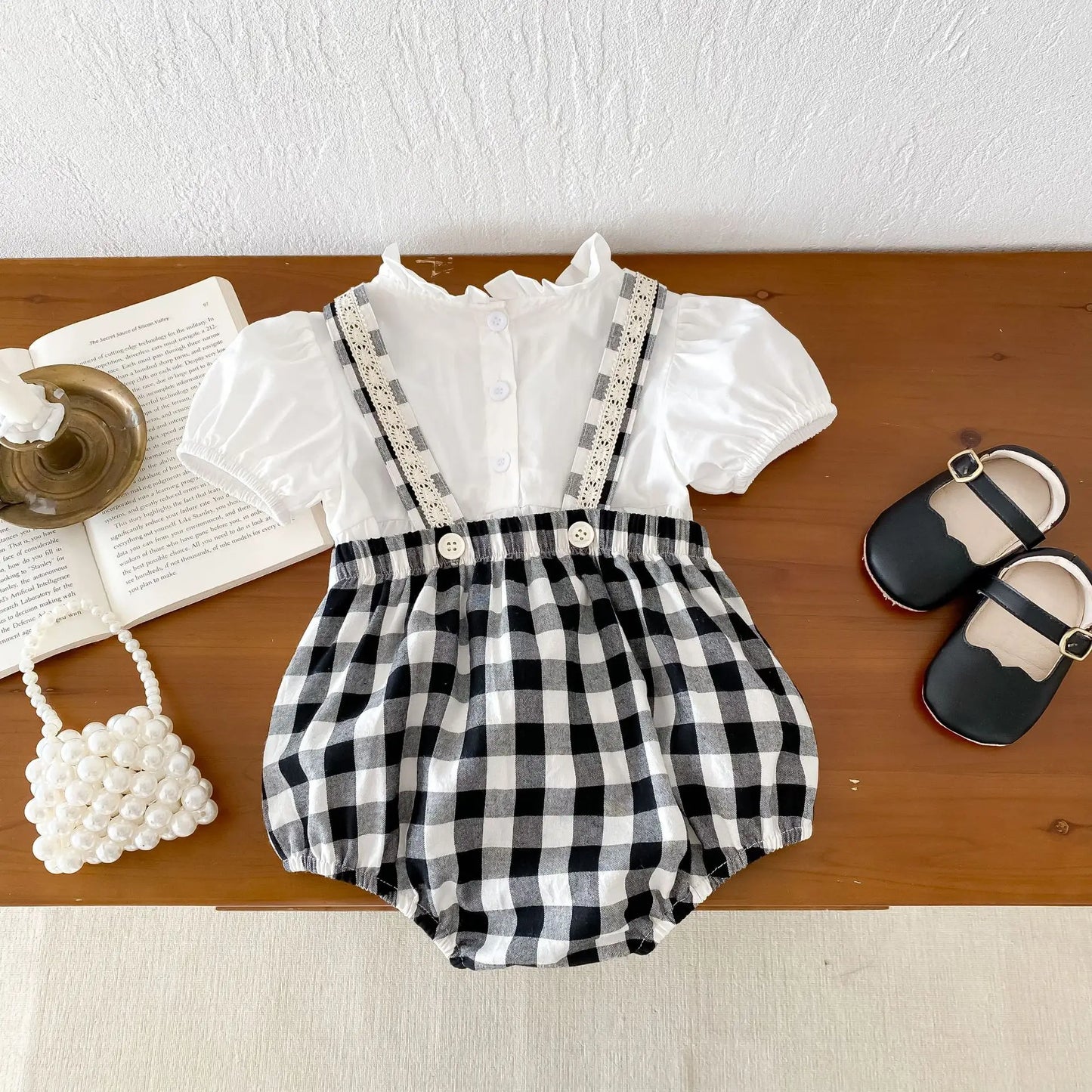 -ベビーセットアップ 2点セット 半袖パフスリーブブラウス+チェックフリルサスペンダーロンパース【mh0005219】 - mamahalo shop - ロンパースセットアップ -  べビー服 - 子供服 - 男の子 - 女の子