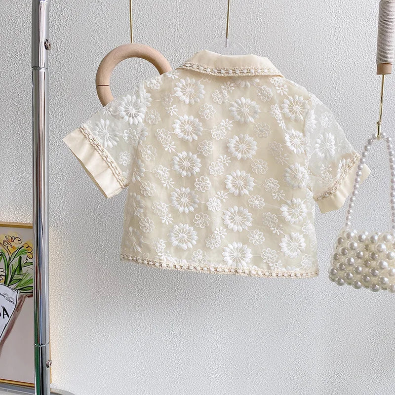 -キッズセットアップ 2点セット サマースーツ 半袖レースリボンジャケット+タイトミニスカート お出かけ ホワイト【mh0006105】 - mamahalo shop - 半袖セットアップ -  べビー服 - 子供服 - 男の子 - 女の子