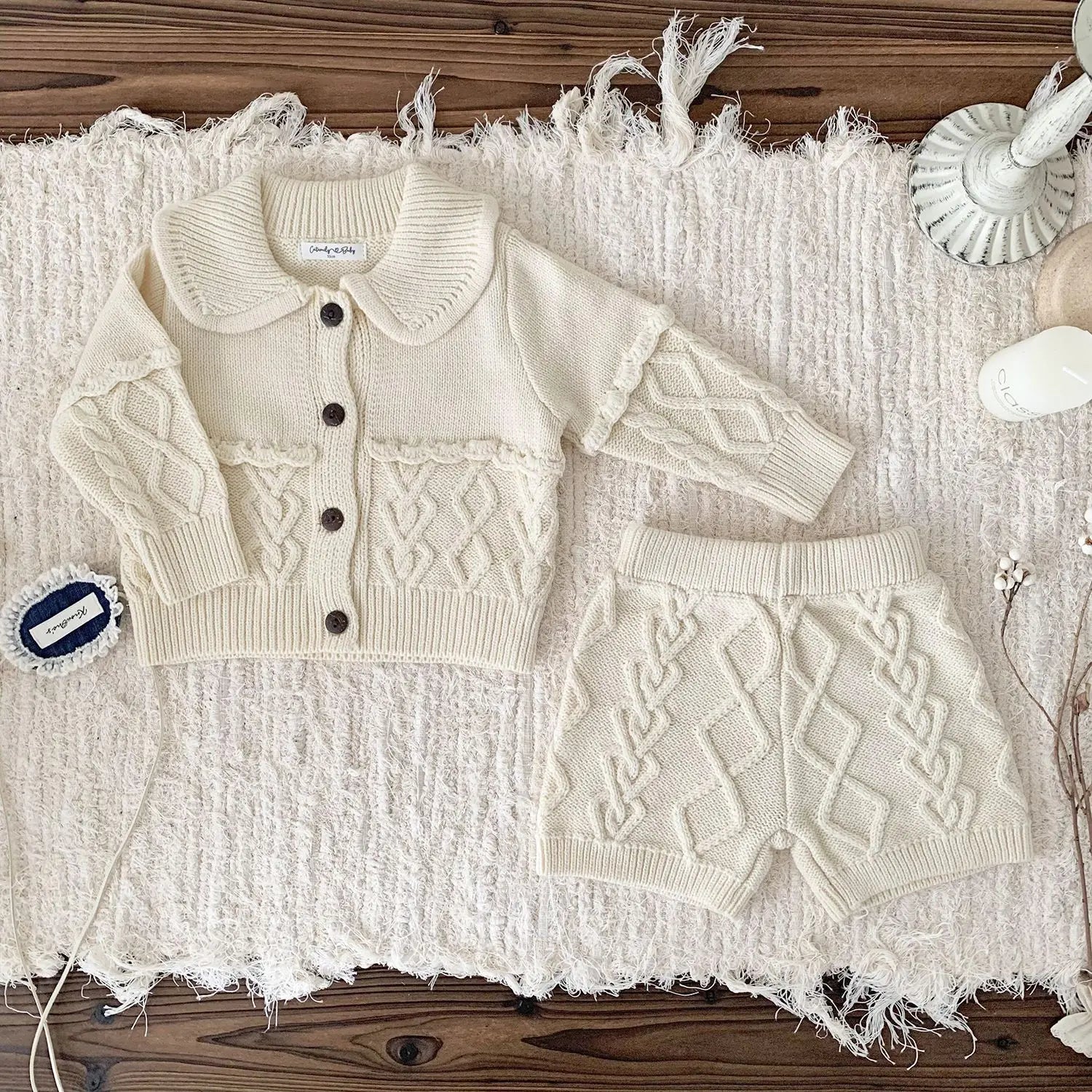 -ベビーセットアップ 2点セット ニット襟付きジャケット+ショートパンツ 2カラー - mamahalo shop - 長袖セットアップ -  べビー服 - 子供服 - 男の子 - 女の子