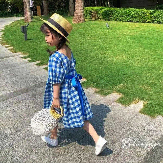 ☺︎ キッズワンピース 半袖パフスリーブ チェック ブルー - mamahalo shop - 半袖ワンピース -  べビー服 - 子供服 - 男の子 - 女の子