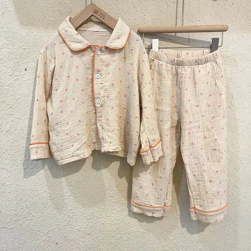 -キッズパジャマ 長袖パジャマセット 長袖ブラウス ロングパンツ ストライプ フラワー花柄プリント【mh0003665】 - mamahalo shop - 長袖パジャマ -  べビー服 - 子供服 - 男の子 - 女の子