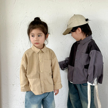 -キッズトップス パッチワーク長袖オーバーシャツ 2カラー【mh0007052】 - mamahalo shop - 長袖シャツ・ブラウス -  べビー服 - 子供服 - 男の子 - 女の子