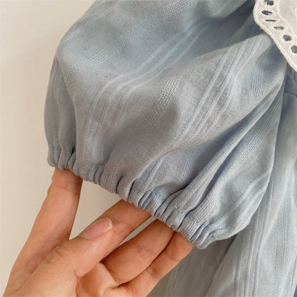 -キッズ レースカラー 半袖 ワンピース ブルー ガールズ - mamahalo shop - 半袖ワンピース -  べビー服 - 子供服 - 男の子 - 女の子