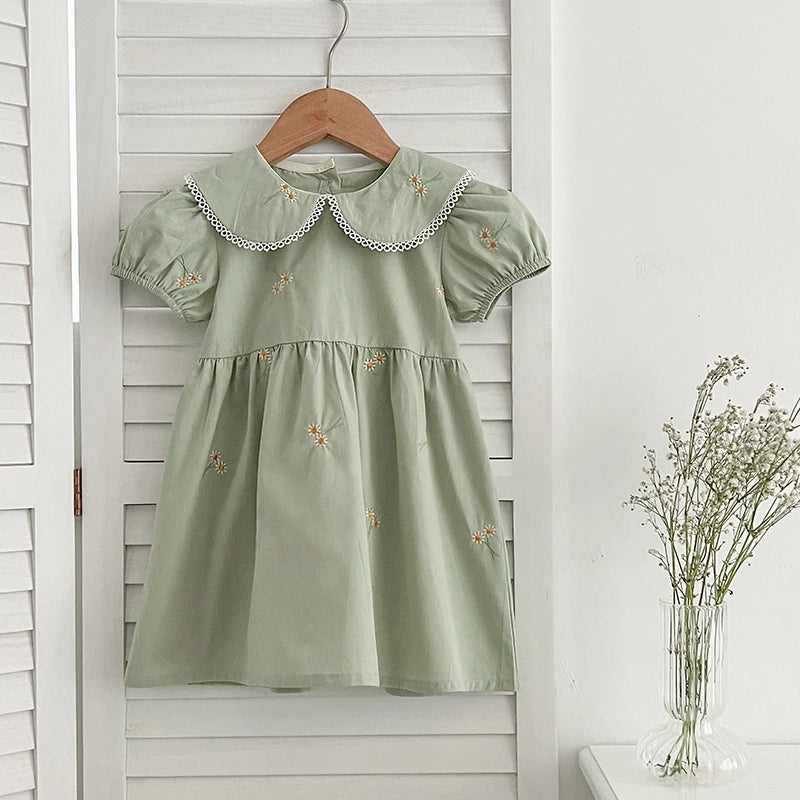 -キッズワンピース 半袖パフスリーブ フラワー花柄刺繍 丸襟 2カラー【mh0005874】 - mamahalo shop - 半袖ワンピース -  べビー服 - 子供服 - 男の子 - 女の子