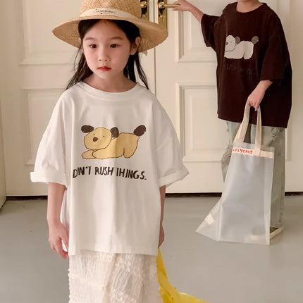 キッズトップス 半袖Tシャツ 犬ドッグプリント柄 ホワイト/コーヒー/2カラー - mamahalo shop - 長袖Tシャツ - ベビー服 - 子供服 - 男の子 - 女の子