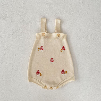 -ベビー カーディガン サスペンダーローンパース 単品 セット ニット キノコ🍄 刺繍 レース襟 セットアップ ベージュ ガールズ 女の子【mh0002828】 - mamahalo shop - ロンパースセットアップ -  べビー服 - 子供服 - 男の子 - 女の子