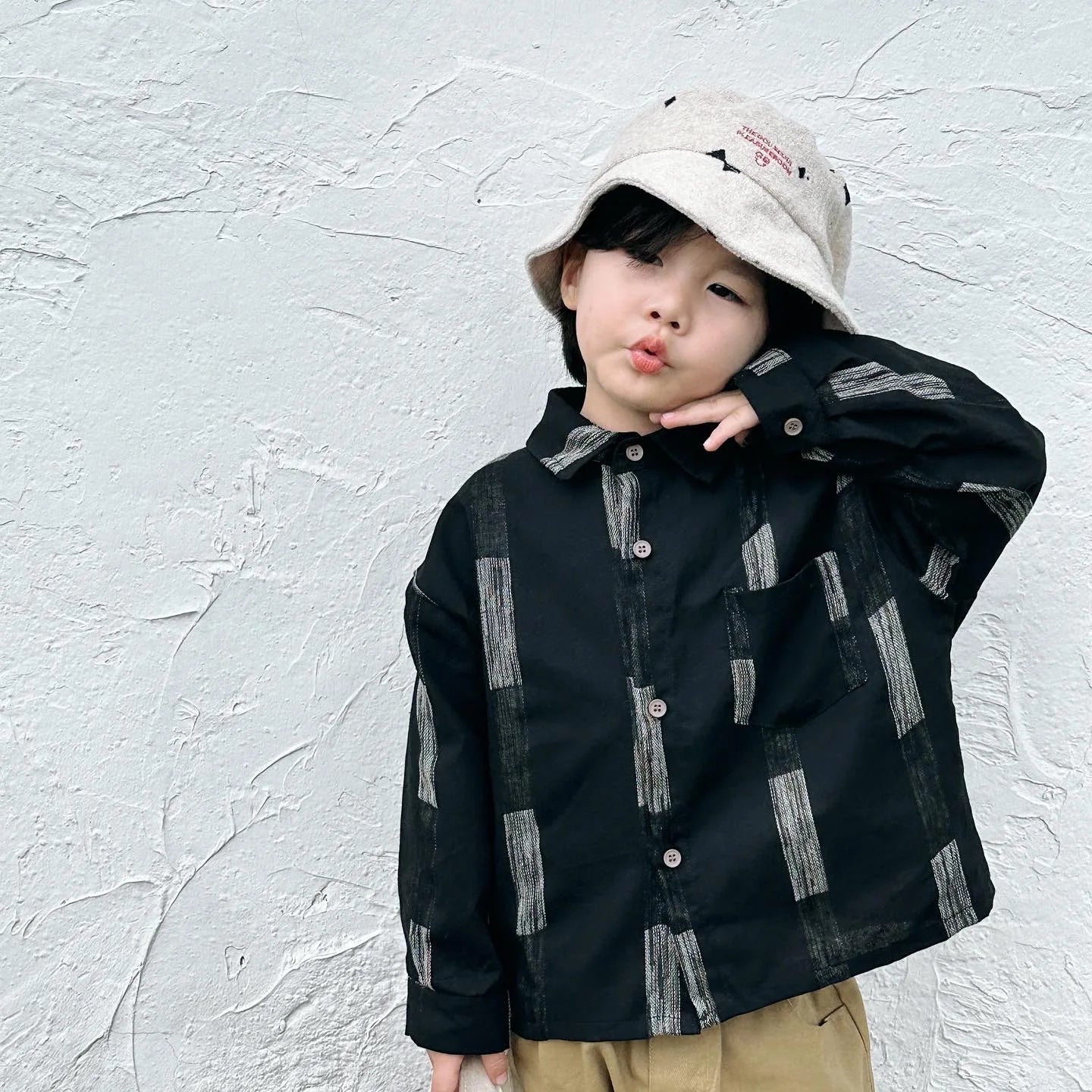 -キッズトップス レトロストライプ長袖オーバーシャツ ブラック - mamahalo shop - 長袖シャツ・ブラウス -  べビー服 - 子供服 - 男の子 - 女の子