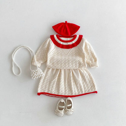 -キッズトップス/スカート レースニットフリルサークル襟セーター/レースニットAラインスカート 2カラー - mamahalo shop - 長袖セットアップ -  べビー服 - 子供服 - 男の子 - 女の子