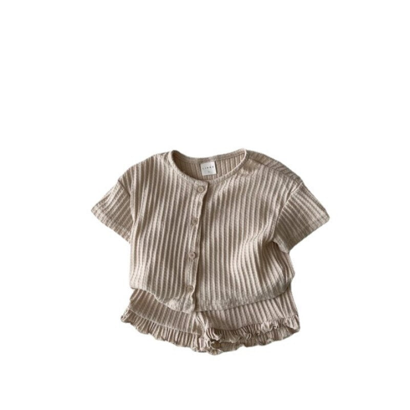 -キッズ セットアップ リブ フリル 半袖 Tシャツ ショートパンツ ガールズ【mh0002593】 - mamahalo shop - 半袖セットアップ -  べビー服 - 子供服 - 男の子 - 女の子