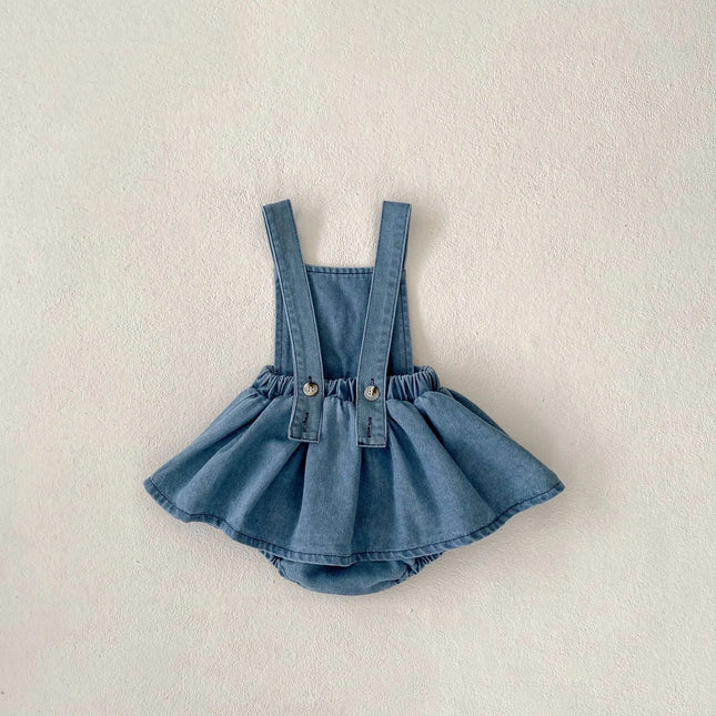 ベビーロンパース デニム サスペンダースカートボディスーツ レターロゴ刺繍 - mamahalo shop - ノースリーブロンパース -  べビー服 - 子供服 - 男の子 - 女の子