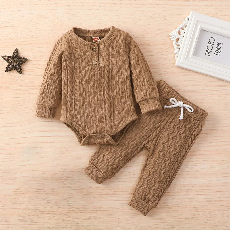 -ベビーセットアップ 2点セット ニット 長袖ロンパース+ロングパンツ 3カラー【mh0006257】 - mamahalo shop - ロンパースセットアップ -  べビー服 - 子供服 - 男の子 - 女の子