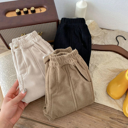 -キッズ パンツ ロングパンツ 裏ボアフリース 厚手 コーデュロイ アプリコット ブラック カーキ 3カラー ボーイズ 男の子 子供服 - mamahalo shop - ロングパンツ・スウェットパンツ -  べビー服 - 子供服 - 男の子 - 女の子
