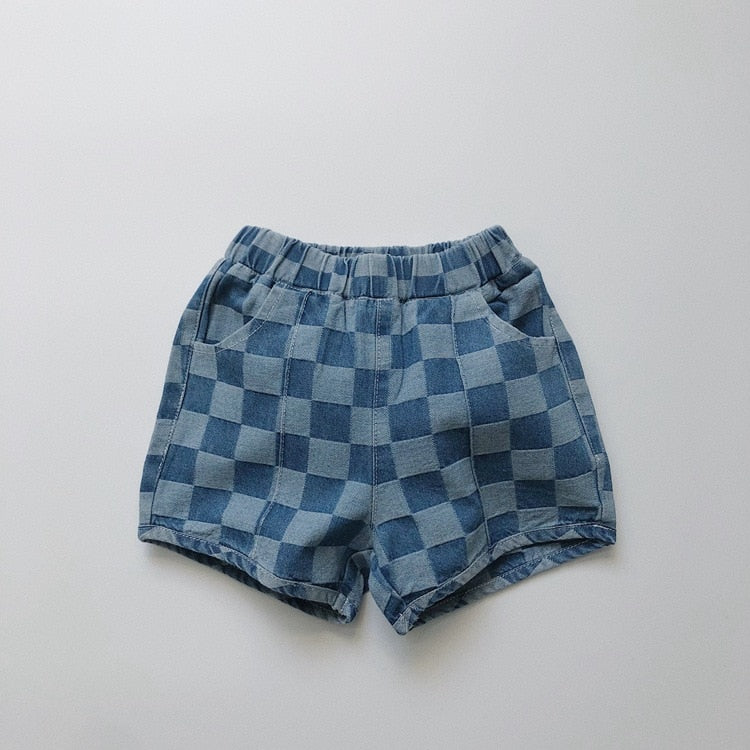 -キッズ チェッカー チェック デニム ショートパンツ ライトブルー ダークブルー ボーイズ - mamahalo shop - ハーフパンツ・ショートパンツ -  べビー服 - 子供服 - 男の子 - 女の子