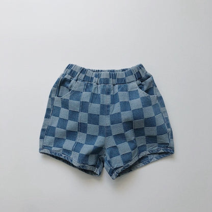 -キッズ チェッカー チェック デニム ショートパンツ ライトブルー ダークブルー ボーイズ - mamahalo shop - ハーフパンツ・ショートパンツ -  べビー服 - 子供服 - 男の子 - 女の子