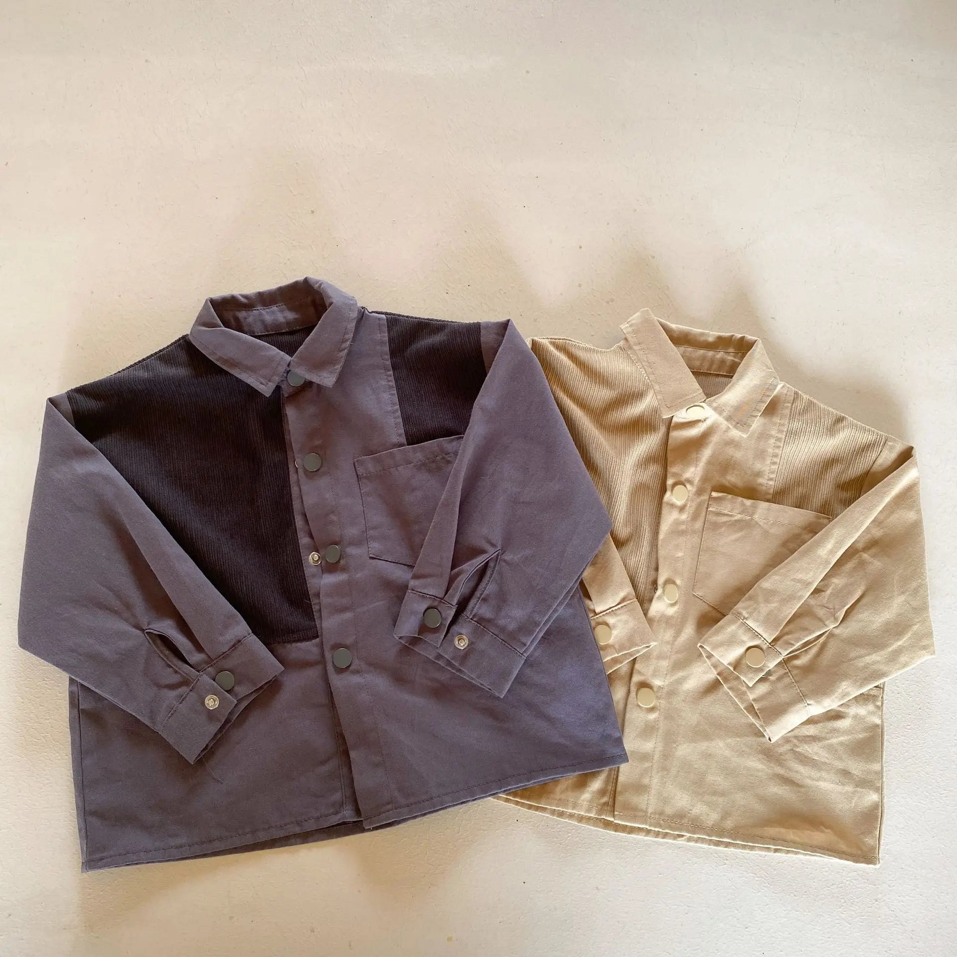 -キッズトップス パッチワーク長袖オーバーシャツ 2カラー【mh0007052】 - mamahalo shop - 長袖シャツ・ブラウス -  べビー服 - 子供服 - 男の子 - 女の子