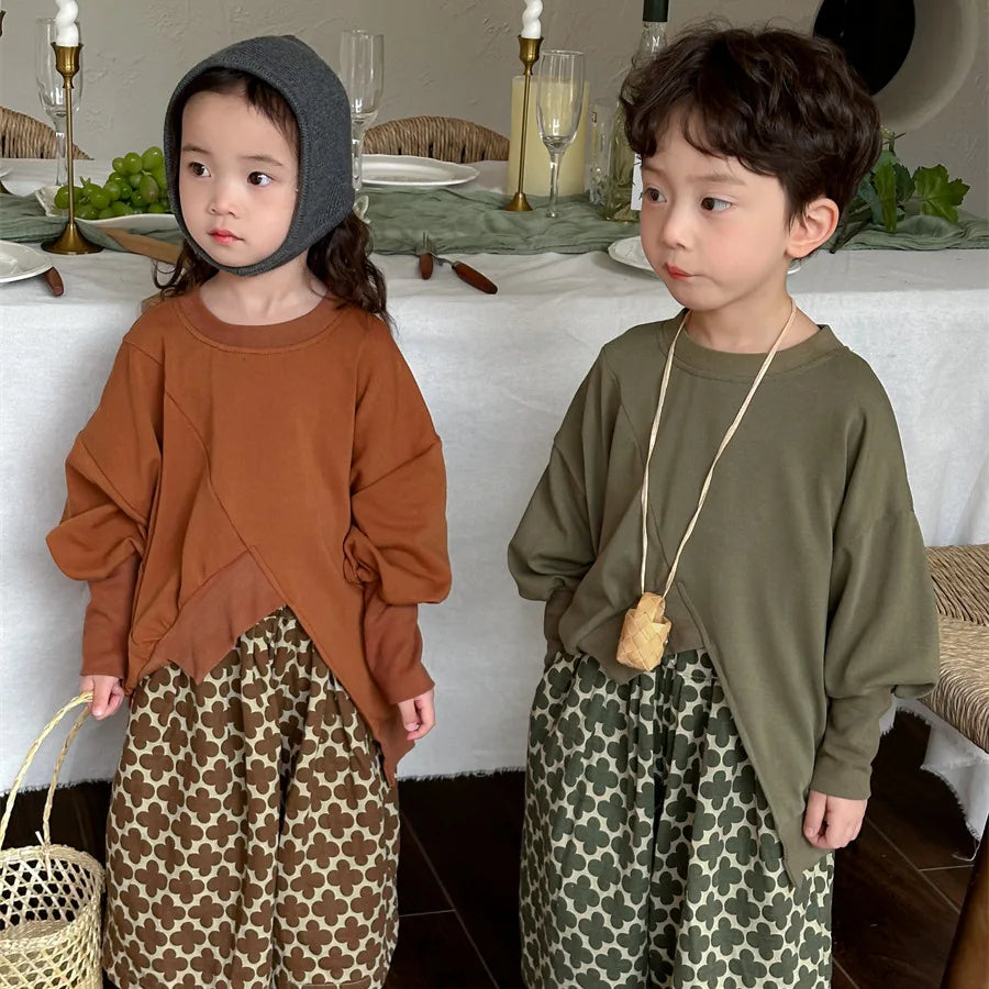 -キッズパンツ ワイドルーズ クロップドパンツ レトロ北欧風フラワープリント 2カラー - mamahalo shop - ロングパンツ・スウェットパンツ -  べビー服 - 子供服 - 男の子 - 女の子