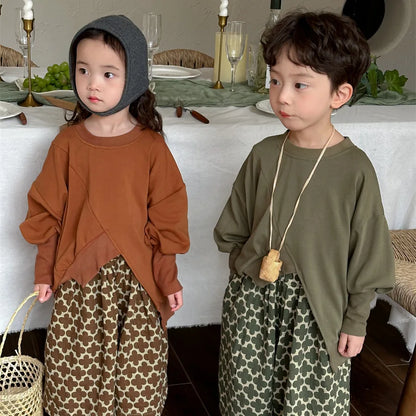 -キッズパンツ ワイドルーズ クロップドパンツ レトロ北欧風フラワープリント 2カラー - mamahalo shop - ロングパンツ・スウェットパンツ -  べビー服 - 子供服 - 男の子 - 女の子