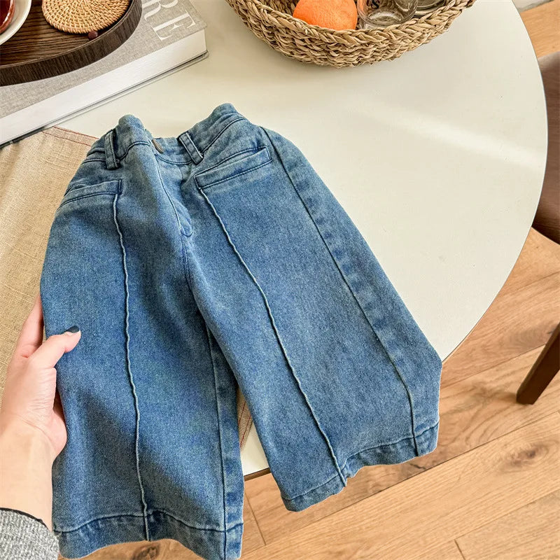 -キッズパンツ デニムパンツ ワイドストレートジーンズ バギーパンツ ジーパン 2カラー - mamahalo shop - デニムパンツ -  べビー服 - 子供服 - 男の子 - 女の子