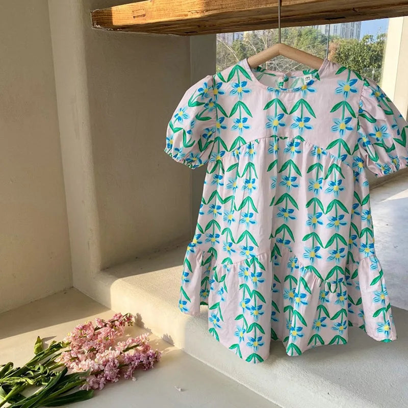 -キッズワンピース 半袖パフスリーブワンピース フラワー花柄プリント 2カラー【mh0005712】 - mamahalo shop - 半袖ワンピース -  べビー服 - 子供服 - 男の子 - 女の子