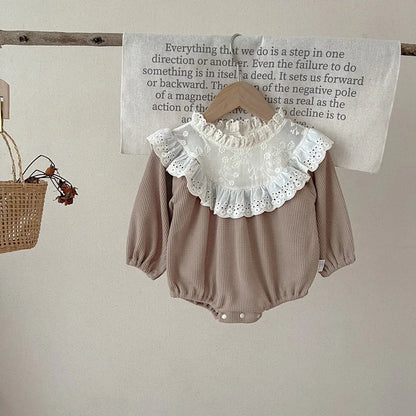 -ベビーロンパース ワッフル 長袖ロンパース レーススタンドカラー フリル刺繍レース お出かけ - mamahalo shop - 長袖ロンパース -  べビー服 - 子供服 - 男の子 - 女の子