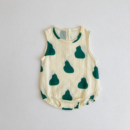 -ベビーロンパース ノースリーブボディスーツ 月ムーン/洋梨/オリーブ/水玉ドットプリント【mh0005689】 - mamahalo shop - ノースリーブロンパース -  べビー服 - 子供服 - 男の子 - 女の子