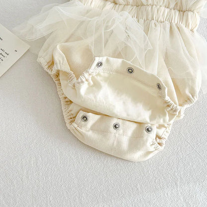 -ベビーロンパース キャミソールシャーリング チュチュチュールペプラムボディスーツ ベージュ【mh0006549】 - mamahalo shop - ノースリーブロンパース -  べビー服 - 子供服 - 男の子 - 女の子