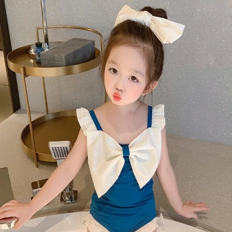 -キッズ水着 ガールズ ワンピース+帽子セット ビッグリボン スイムウェア 2カラー【mh0005977】 - mamahalo shop - ベビー用水着 -  べビー服 - 子供服 - 男の子 - 女の子