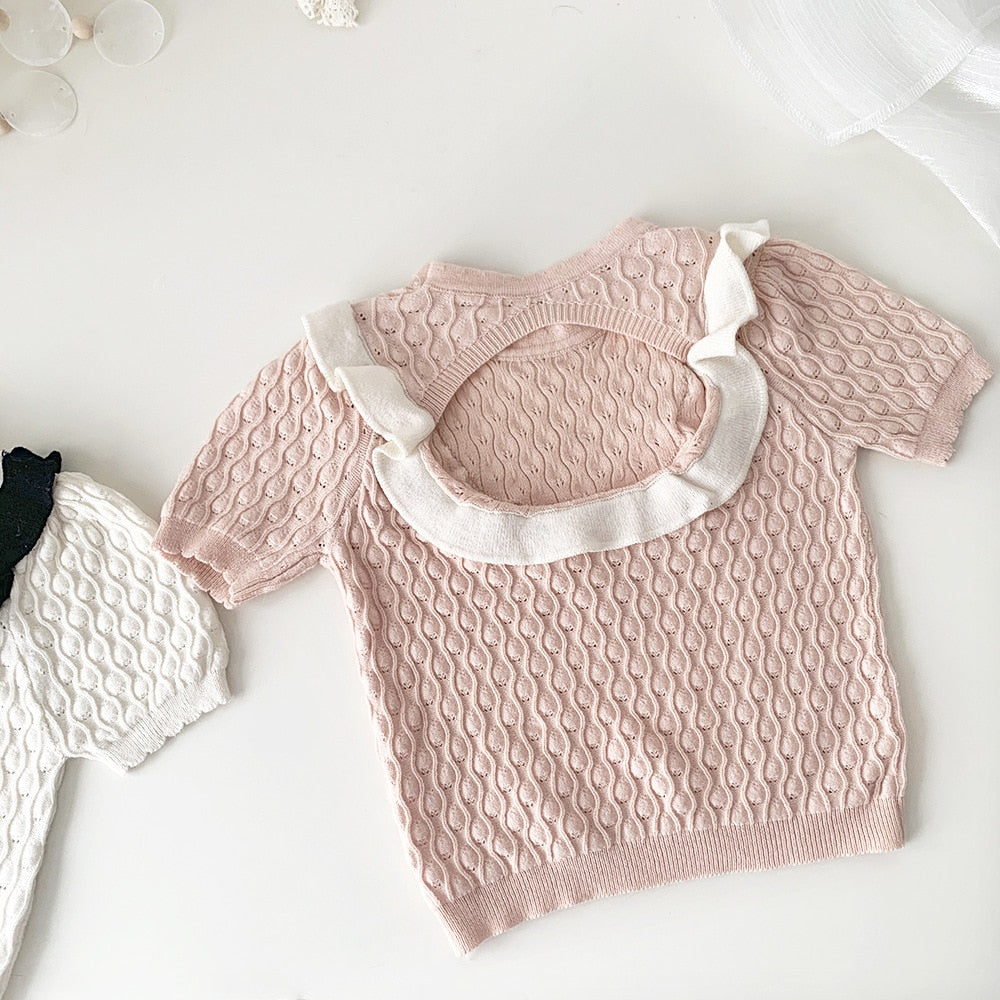 -キッズ ニット バックオープン 半袖 Tシャツ ブラウス カットソー ホワイト ピンク ガールズ - mamahalo shop - ニット・セーター -  べビー服 - 子供服 - 男の子 - 女の子