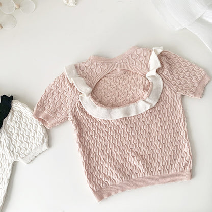 -キッズ ニット バックオープン 半袖 Tシャツ ブラウス カットソー ホワイト ピンク ガールズ - mamahalo shop - ニット・セーター -  べビー服 - 子供服 - 男の子 - 女の子