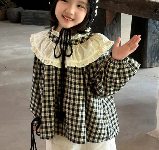 -キッズトップス ラッフル襟チェック長袖チュニックブラウス【mh0007319】 - mamahalo shop - 長袖シャツ・ブラウス -  べビー服 - 子供服 - 男の子 - 女の子
