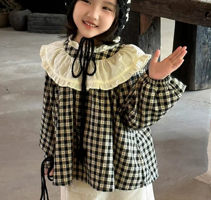 -キッズトップス ラッフル襟チェック長袖チュニックブラウス【mh0007319】 - mamahalo shop - 長袖シャツ・ブラウス -  べビー服 - 子供服 - 男の子 - 女の子