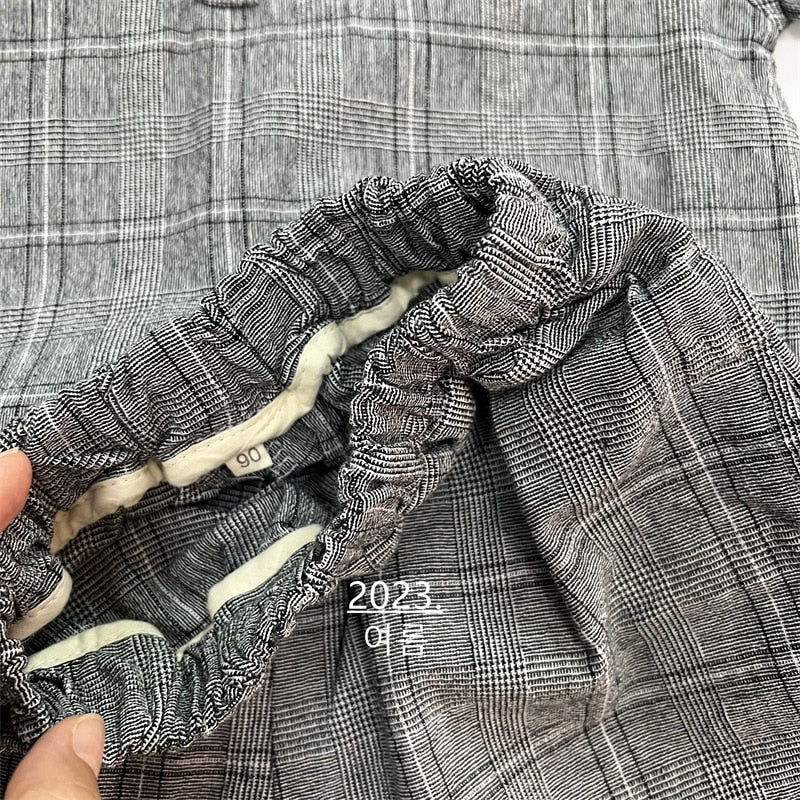 -キッズ グレンチェック セットアップ 半袖 シャツ ショートパンツ ベージュ ダークグレー ボーイズ - mamahalo shop - 半袖セットアップ -  べビー服 - 子供服 - 男の子 - 女の子