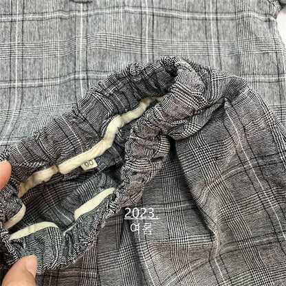 -キッズ グレンチェック セットアップ 半袖 シャツ ショートパンツ ベージュ ダークグレー ボーイズ - mamahalo shop - 半袖セットアップ -  べビー服 - 子供服 - 男の子 - 女の子