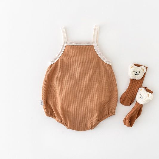 -ベビー ワッフル くま ベア バナナ キャミソール ロンパース ベージュ コーヒーブラウン ユニセックス【mh0002043】 - mamahalo shop - ノースリーブロンパース -  べビー服 - 子供服 - 男の子 - 女の子