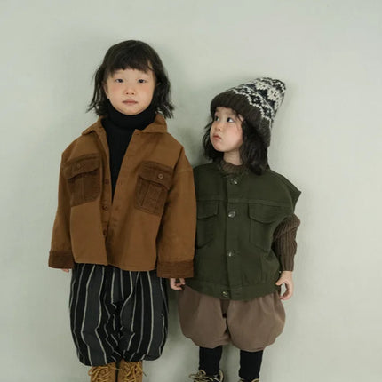 キッズトップス コーデュロイパッチワークポケットレトロ長袖シャツ - mamahalo shop - 長袖シャツ・ブラウス -  べビー服 - 子供服 - 男の子 - 女の子