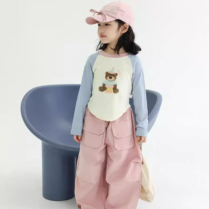 キッズトップス ベアくまプリントラグランパッチワーク長袖Tシャツ 2カラー - mamahalo shop - 長袖Tシャツ -  べビー服 - 子供服 - 男の子 - 女の子