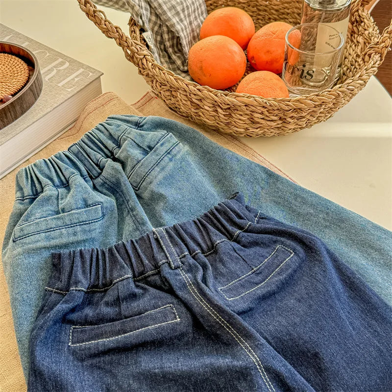 -キッズパンツ デニムパンツ ワイドストレートジーンズ バギーパンツ ジーパン 2カラー - mamahalo shop - デニムパンツ -  べビー服 - 子供服 - 男の子 - 女の子