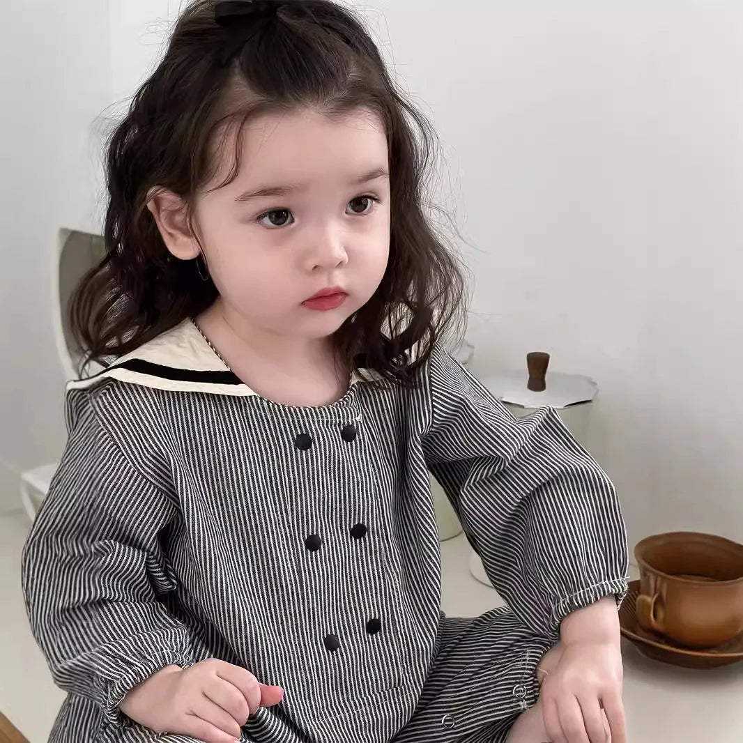 -ベビージャンプスーツ セーラーカラーストライプ/無地長袖つなぎ 2カラー - mamahalo shop - 長袖ジャンプスーツ -  べビー服 - 子供服 - 男の子 - 女の子