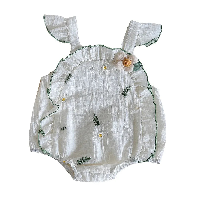 -ベビーロンパース ショルダーフリル ノースリーブボディスーツ リーフフラワー刺繍 ホワイト【mh0005356】 - mamahalo shop - ノースリーブロンパース -  べビー服 - 子供服 - 男の子 - 女の子