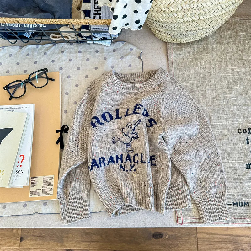 -キッズトップス ニットセーター 象 エレファント ローラースケート柄 カーキ ダークグレー 2カラー【mh0003824】 - mamahalo shop - ニット・セーター -  べビー服 - 子供服 - 男の子 - 女の子